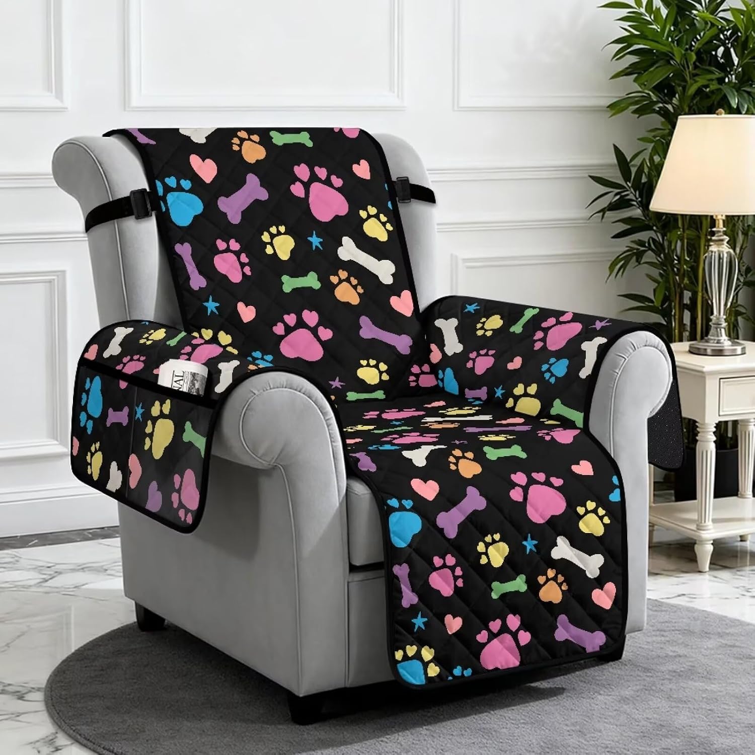 Colorful Dog Paw Recliner Chair Covers, Removable Non Slip Soft Recliner Covers with Storage Pockets Soft Comfortable Recliner Slipcovers for Pet, Living Room