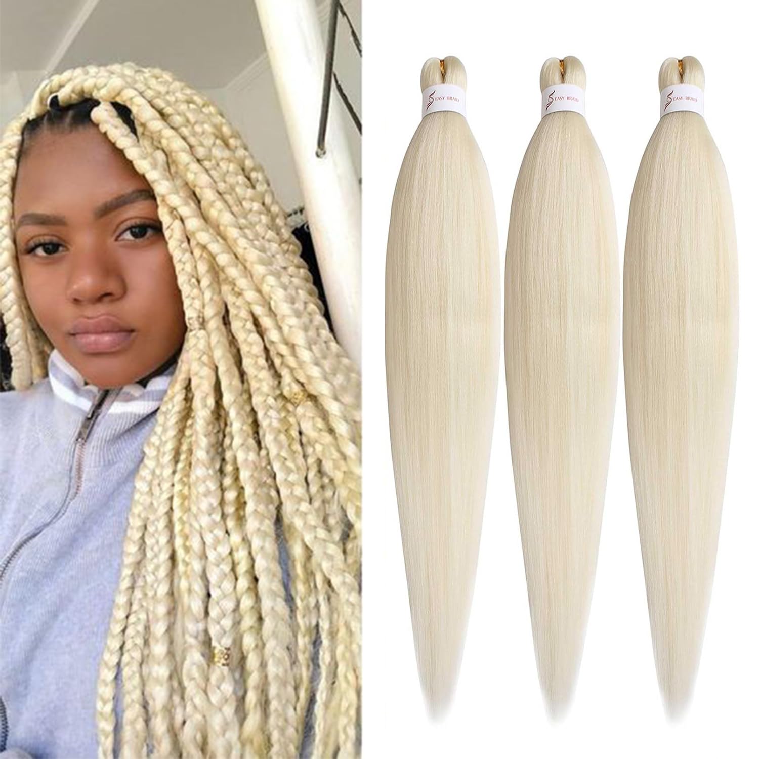 Mscat 26 Inch 3 Packs Pre Stretched Braiding Hair Blonde Pre Stretched Braiding Professional Synthetic Prestretched Crochet Braids Hair Extension Hot Water Setting Yaki Texture (613#)