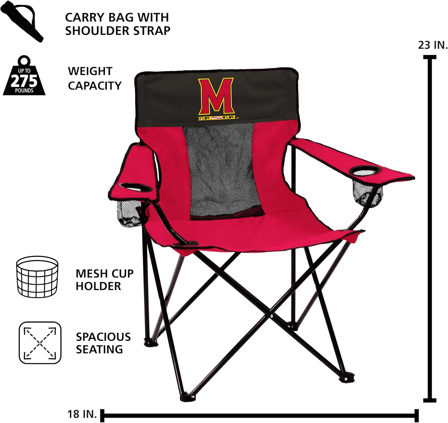 Logo Brands NCAA Maryland Terrapins Elite Portable Chair - Premium Outdoor Chair with Cup Holder, Powder-Coated Steel Frame, Lightweight and Portable for Tailgating,and Sporting Events