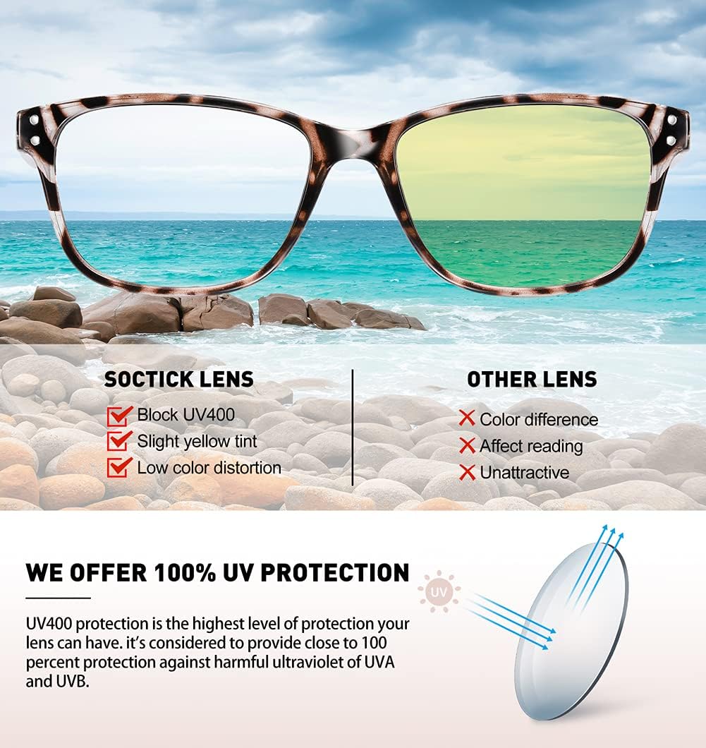 SOCTICK 5-Pack Reading Glasses Blue Light Blocking, Fashion Square with Comfort Spring Hinges Readers for Womens, Anti Glare/Filter UV eyeglasses +3.0
