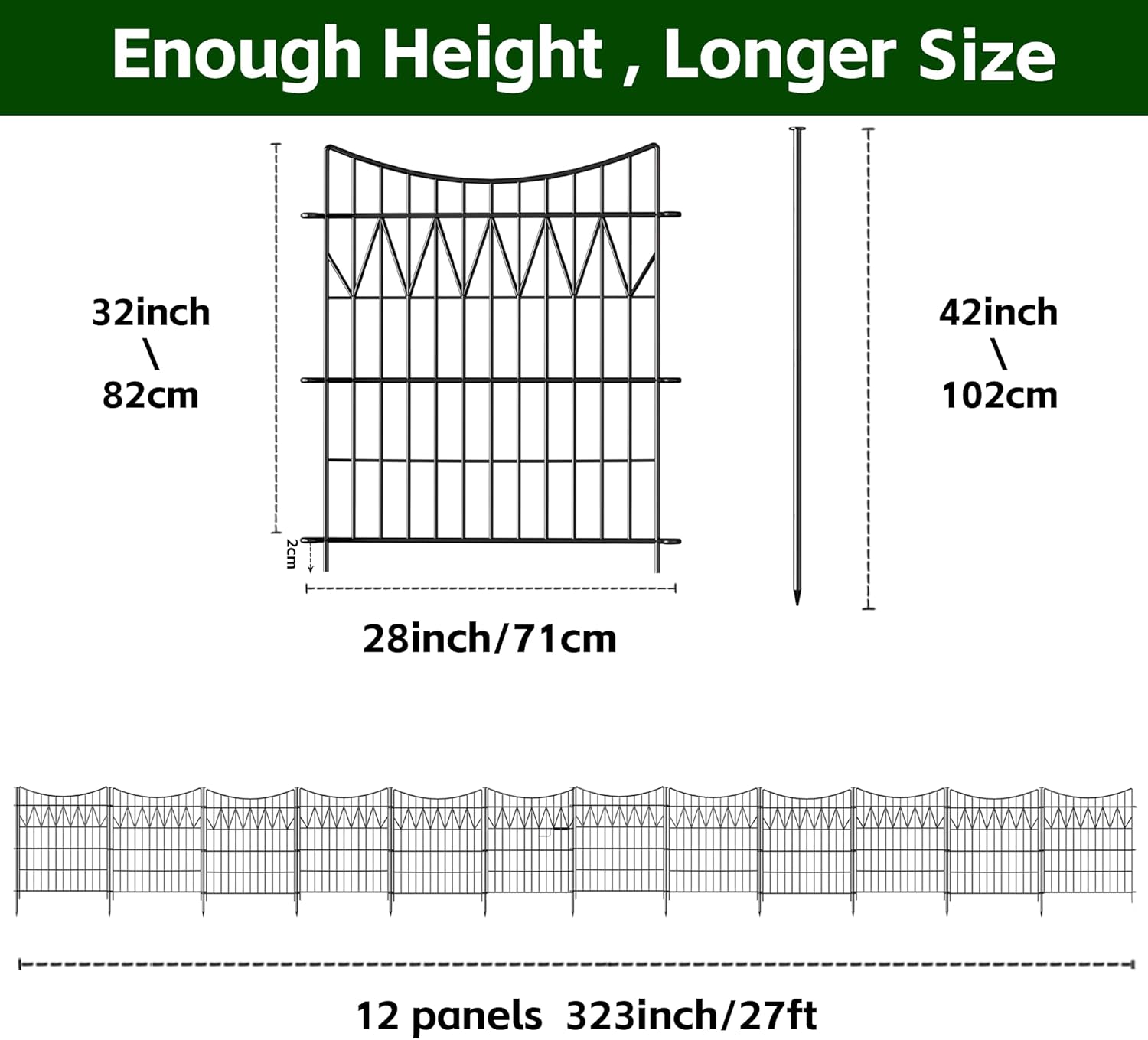 12 Panels Tall Garden Fence with Gate - 32in(H) x 27ft(L) No Dig Dog Fence | Rustproof Metal Animal Barrier & Garden Border | Reusable Durable Decorative Fence Panels for Yard, Black