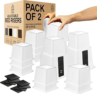 Home Intuition Heavy Duty Adjustable Bed Risers Furniture Riser 3, 5 or 8-Inch, 2 Pack, 16 Pieces Set (White W/USB)