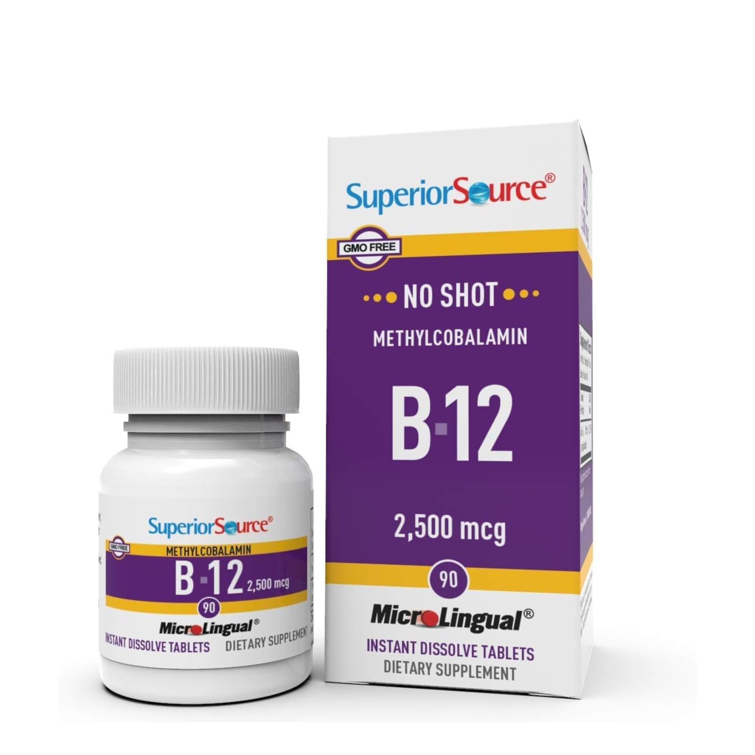 No Shot Vitamin B12 Methylcobalamin 2,500 mcg, Quick Dissolve MicroLingual Tablets, 90 Count, Active Form of B12, Supports Energy Production, Nervous System Support, Non-GMO