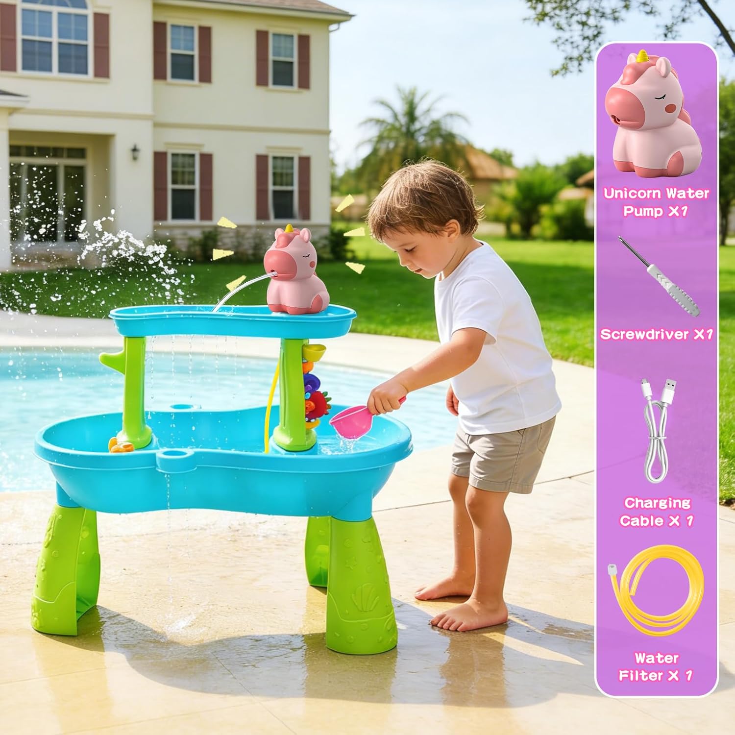 weirtoya Water Table Pump for Toddlers, Unicorn Toys Battery Powered Pump for Water Table Cordless Work Splash Toys Kids Toddler Summer Outddor Toys