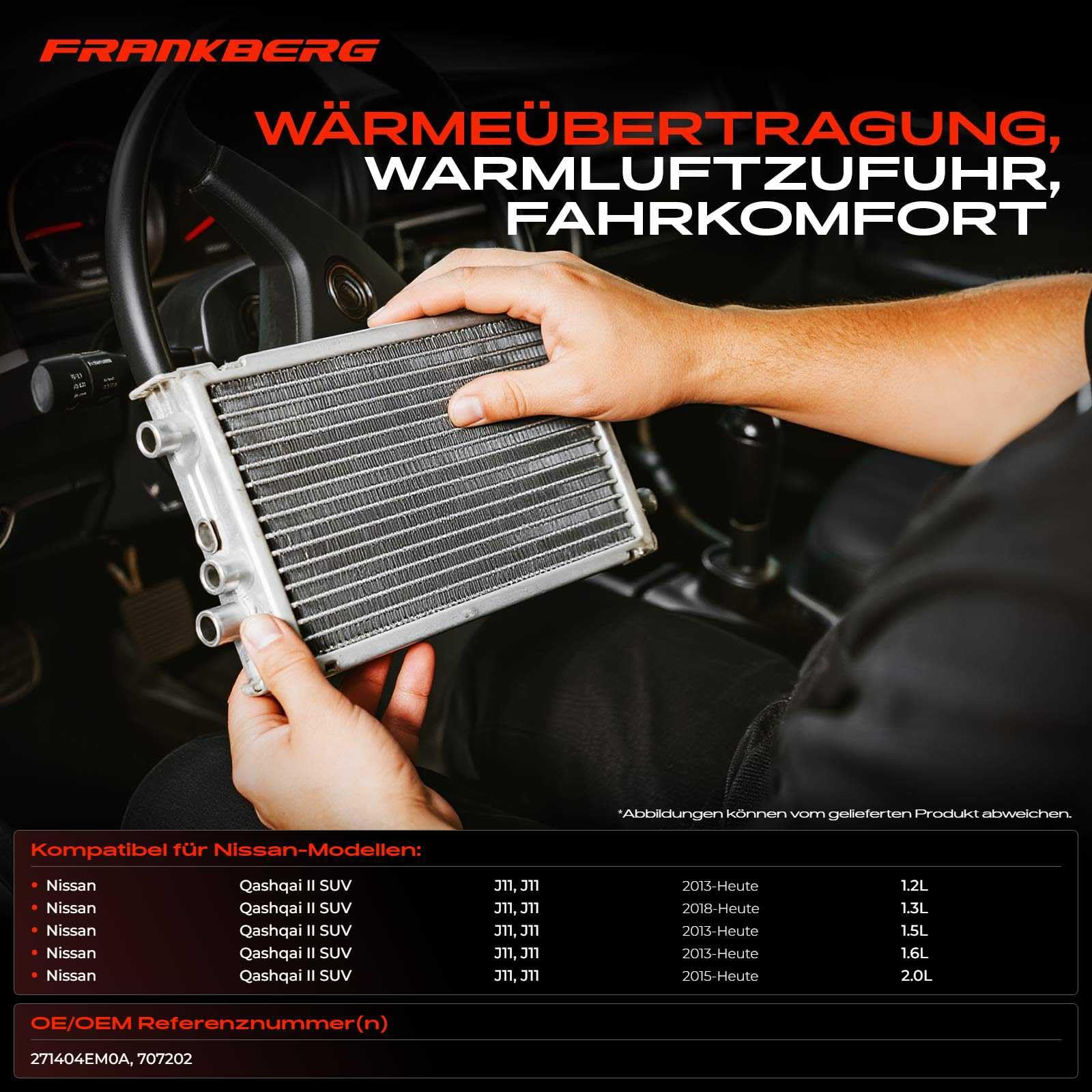 Frankberg Wymiennik ciepła do ogrzewania wnętrza, kompatybilny z Qashqai II SUV J11 1.2-1.6 DiG-T 2013-2024 Qashqai II SUV J11 J11 1.5 1.6 dCi 2013-2024, zamiennik 1611283980
