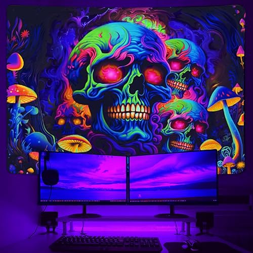 Miniatura 2 de Xiaoput Tapiz de calavera con luz negra, tapiz de esqueleto reactivo a los rayos UV para dormitorio, tapiz de pared de Halloween, decoración