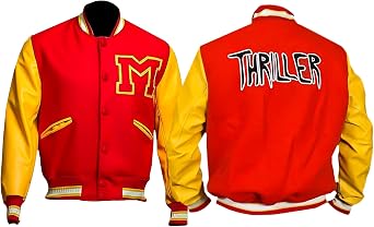MJ Thriller Jacket for Men - Red Wool Bomber Jacket with Yellow Faux Leather Sleeves - Letterman Jacket & Fashion Outerwear