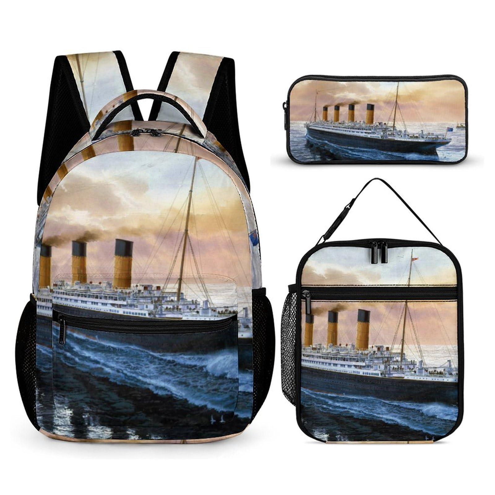 Retro Titanic Famous Old Historic 3 Piece Backpack Set Cute Travel Daypack Set with Lunch Bag Pencil Case for Men Women