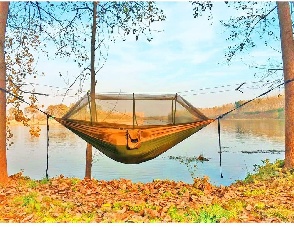 ZOLTA Hängematte zum Aufhängen mit Moskitonetz - mit Beutel und Karabinerhaken - für 2 Personen 260 x 140 cm - Belastbarkeit bis 180 kg, für Terrasse, Balkon, Garten, Outdoor, Camping Survival