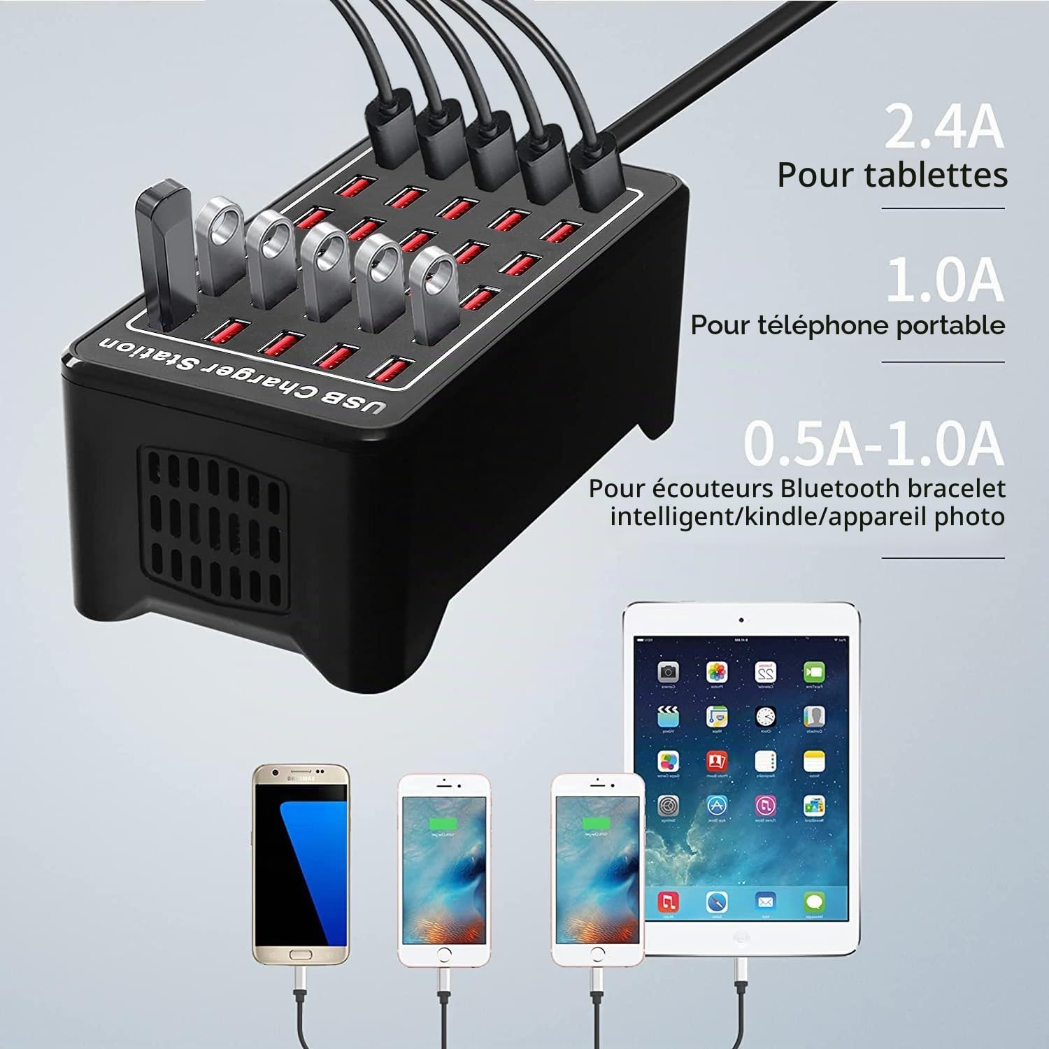 Chargeur USB 30 Ports,150W/30A Chargeur USB intelligent, Hub de charge de bureau 30 en 1, Station de charge multi-ports Organisateur pour Samsung/iPhone/iPad/Google Pixel/Tablettes et électronique USB