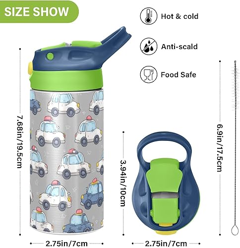 Miniatura 3 de Cute Police Cars - Botella de agua gris para niños con popote de silicona, vehículos de dibujos animados, aislados de acero inoxidable con tapa con