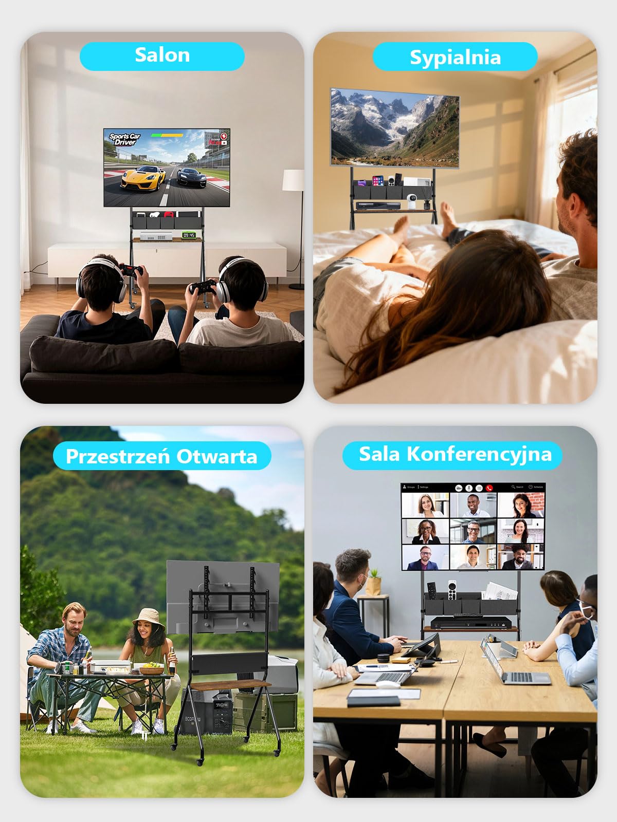 Stojak na telewizor z torbami do przechowywania, antykolizyjny estetyczny design, mobilny wózek na telewizor 32-75 cali, LCD/LED/OLED, płaski/zakrzywiony ekran, mieści do 100 kgregulacja wysokości