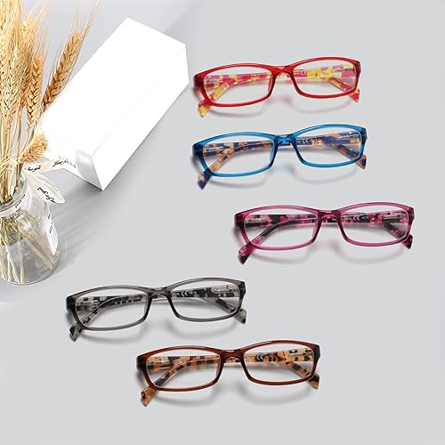 Miniatura 5 de Kerecsen Gafas de lectura, 5 pares de anteojos de lectura a la moda para mujer, bisagra de resorte con patrón estampado para mujer (paquete de 5