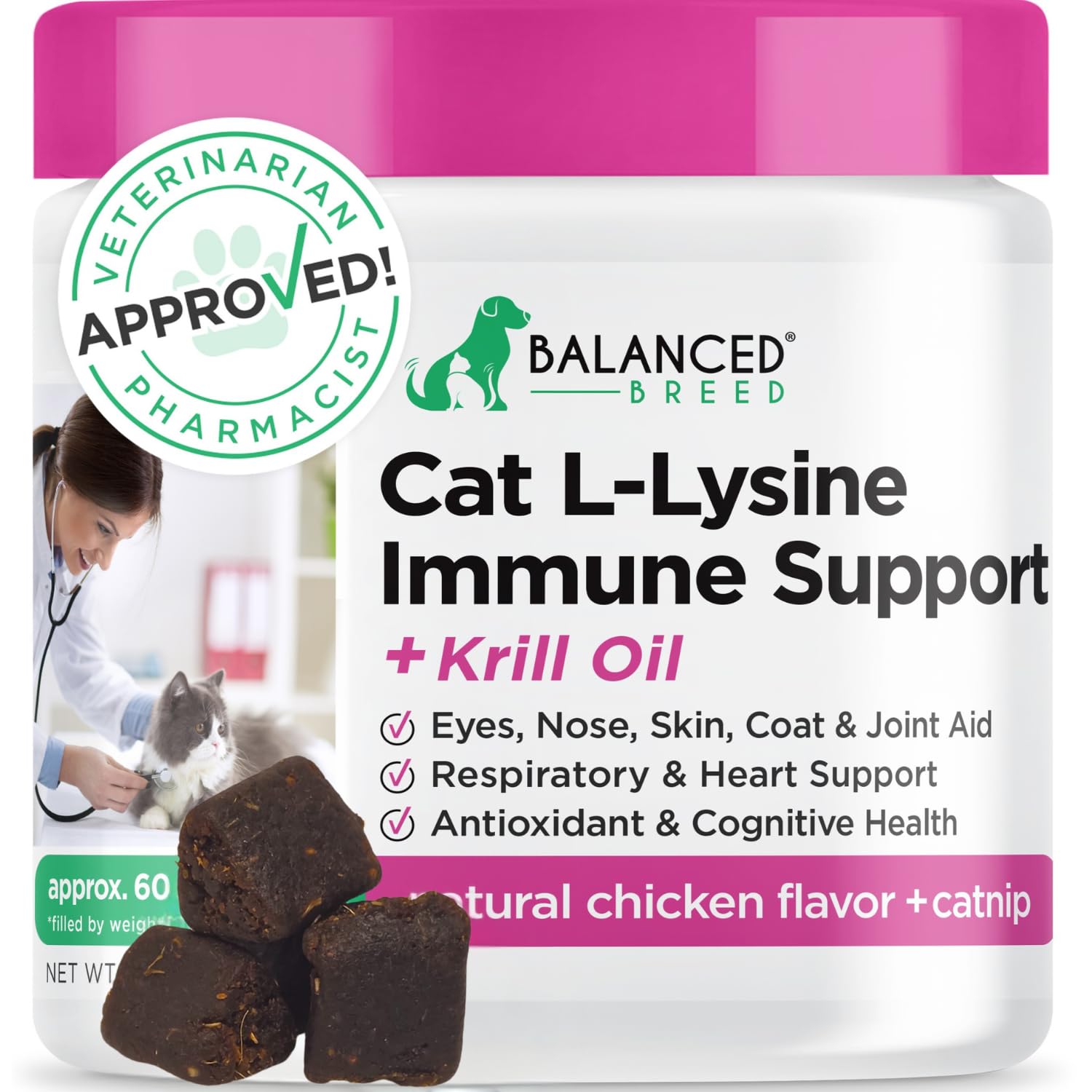 Balanced Breed L-Lysine Cats Immune Support Soft Chews Made in USA Vet-Pharmacist Approved Seasonal Allergy Relief Cat Vitamins Indoor Cats Supplements Krill Oil Asthma Relief Cat Lysine Treats NonGMO