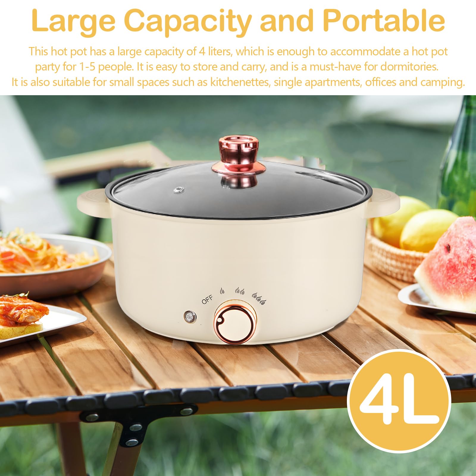 Hot Pot, Olla eléctrica de 4 L con compartimentos Antiadherente Crockpot de 1000 W con 3 Ajustes de Potencia para Cocinar Guisos Hacer Sopa Cocinar Fideos Freír Filetes y Saltear Verduras