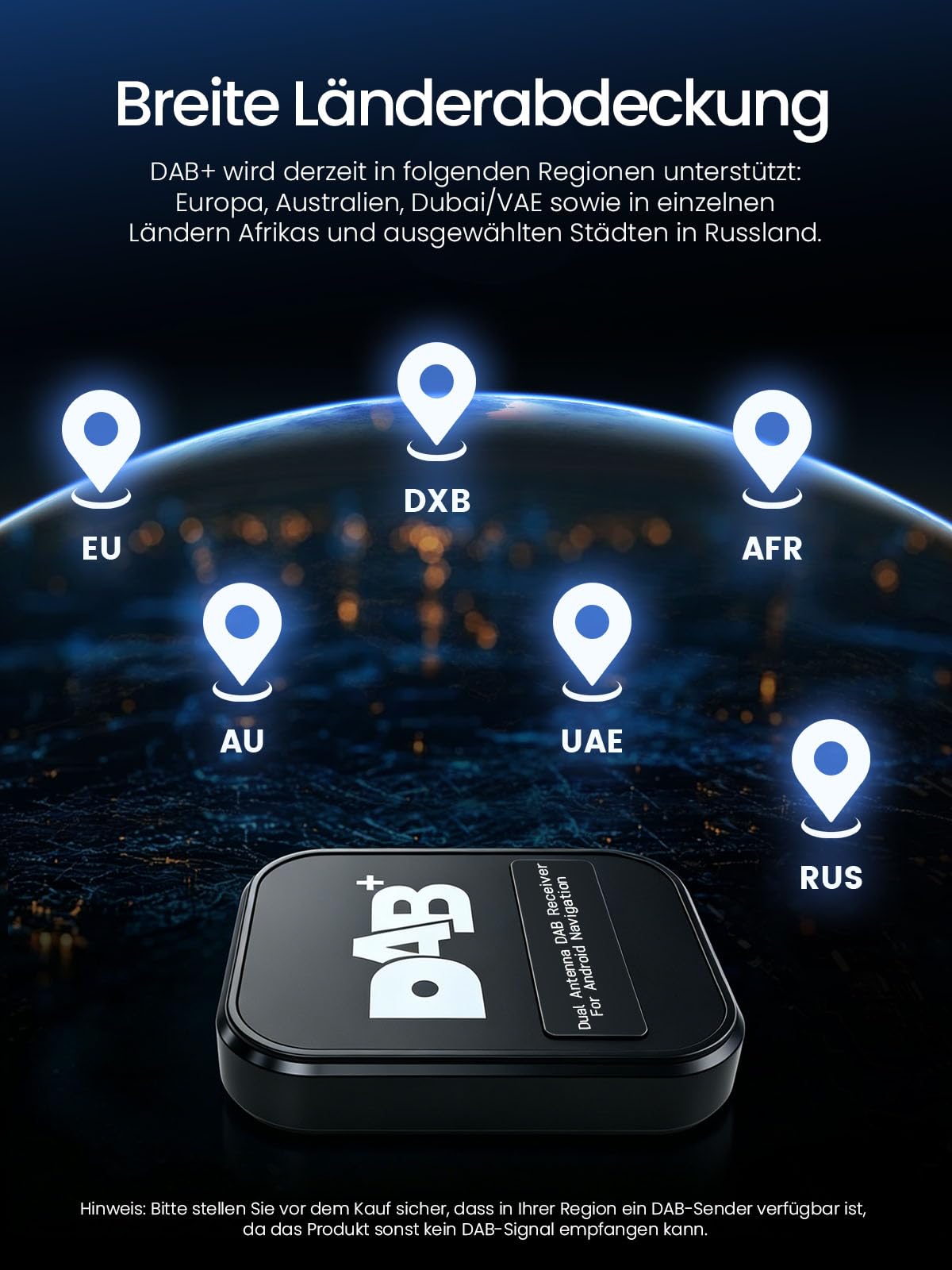 DAB+ Autoadapter mit Antenne für Autoradios mit Android 5.1+, Digitalradio-Antennen-Tuner mit FM-Übertragung, USB-Anschluss (nur für Länder mit DAB-Signal)