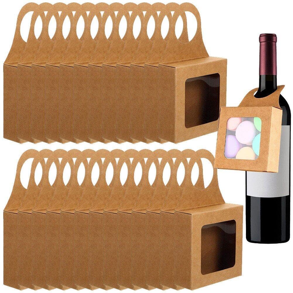 Sanfly Brown Wine Bottle Hanging Gift Boxes With Window 25Pcs Foldable Kraft Wine Bottle Box Decorative Wine Boxes For Party Favor
