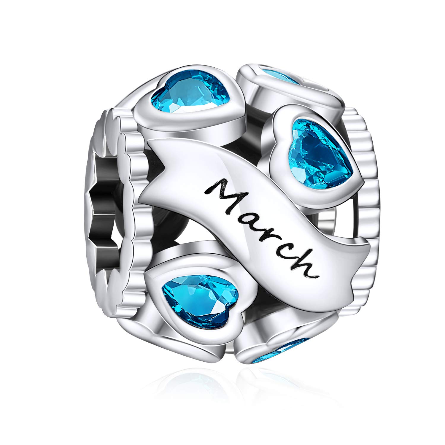 ningan March Birthstone Love Heart Charms 925 Sterling Silver Birthday Openwork Bead fits Pandora Women's Bracelets & Necklaces-picture-16