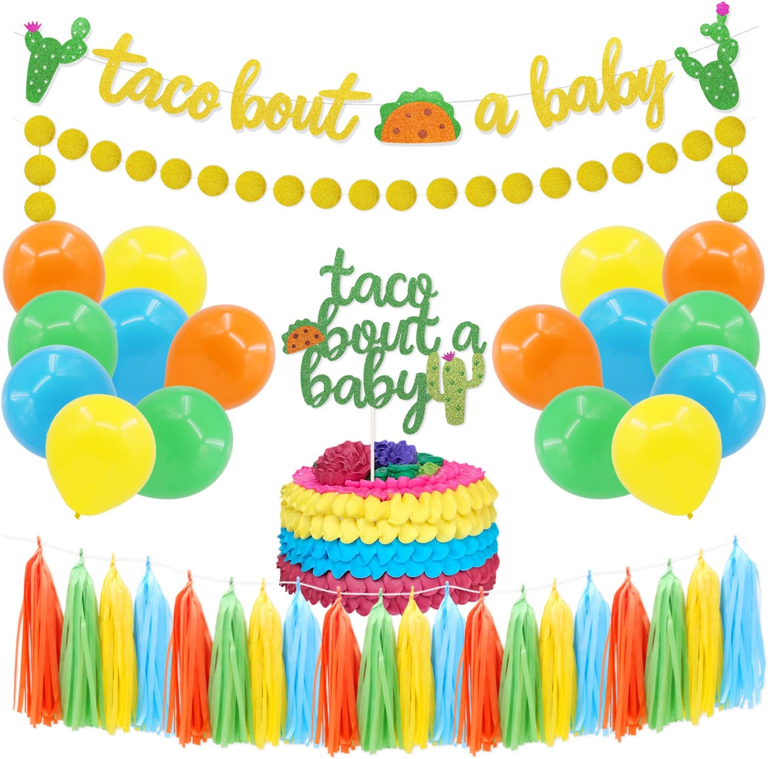 Kitticcino Taco Bout A Baby Banner and Cake Topper Party Decoration kit Cactus Gold Glittery Circle Dots Garland Paper Tassel Balloons Mexican Fiesta Baby Shower Supplies