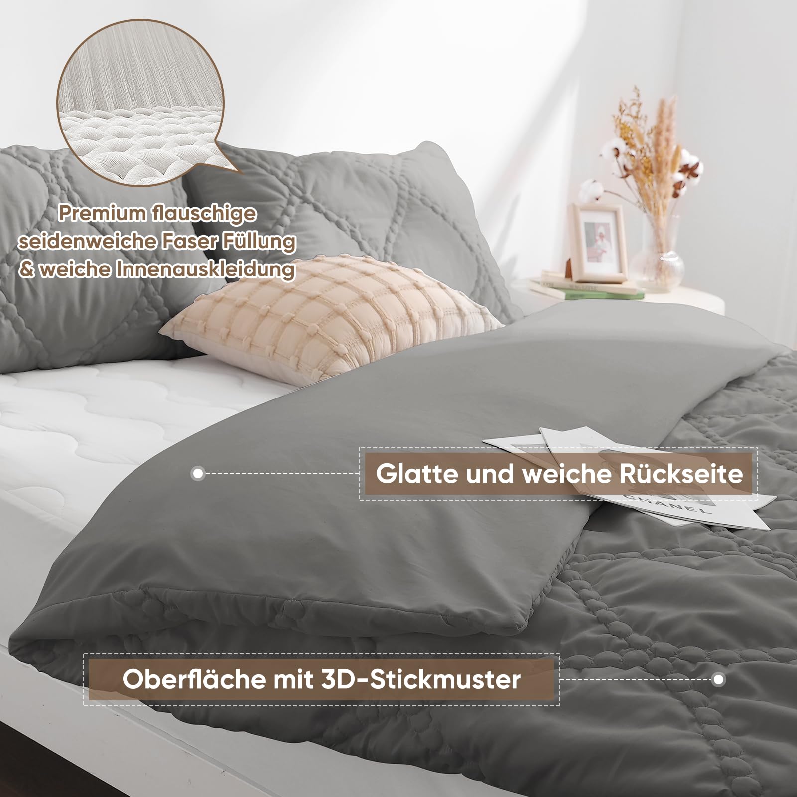 Elegear leichte Sommerdecke 135x200 cm, 2-in-1 Bettdecke und Bettbezug in einem, mit Kissenbezüge 80x80 cm, handbestickte dünne Sommerbettdecke, Oeko-Tex Waschbare Duvet, Grau