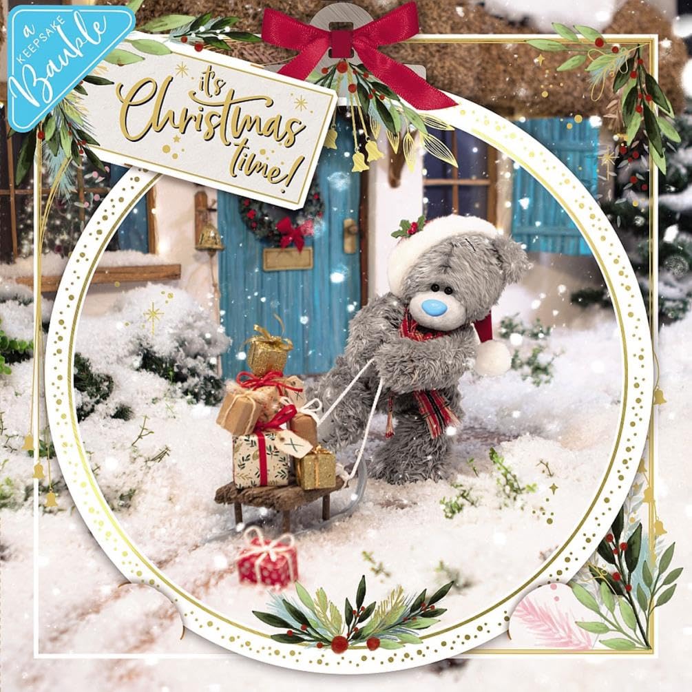 Me To You Bear 3D Holographic Presents On Sleigh Christmas Card, metallic, grey, 6" x 6"
