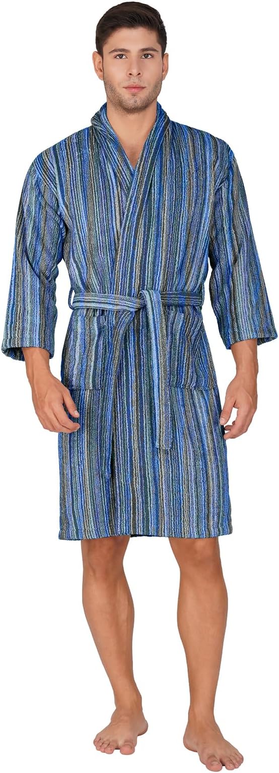 Rangoli 100% Cotton Bathrobe for Men| Pinstripe 450 GSM Unisex bath robes with Pockets, Lightweight & Highly Absorbent Luxurious Full Sleeves Bath Gown/Bath Robe