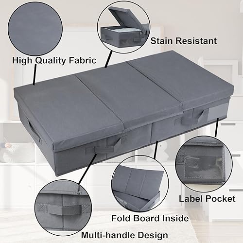 Miniatura 4 de Paquete de 2 contenedores grandes de almacenamiento debajo de la cama con tapa, contenedores de almacenamiento resistentes y plegables debajo de la