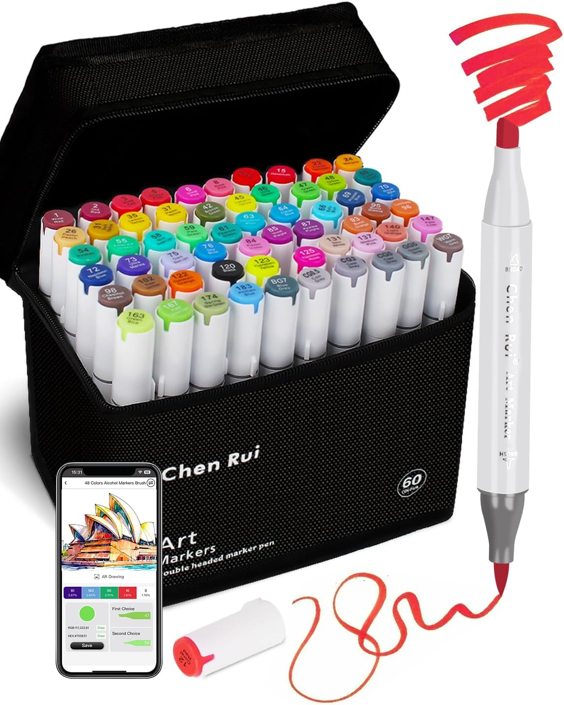 Chen Rui 60 Colours Alcohol Markers Brush Tip with Free App,Dual Tips Blender Colouring Pens for Adults, Alcohol Based Markers Dual Tips for Painting, Sketching, Drawing