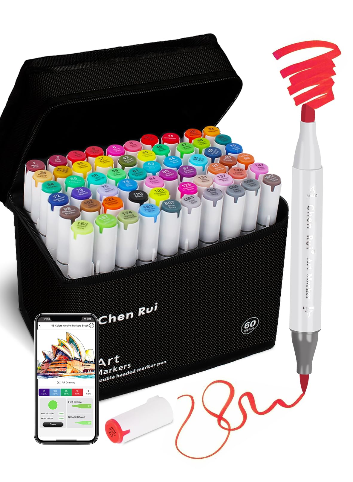 Chen Rui 60 Colours Alcohol Markers Brush Tip with Free App,Dual Tips Blender Colouring Pens for Adults, Alcohol Based Markers Dual Tips for Painting, Sketching, Drawing