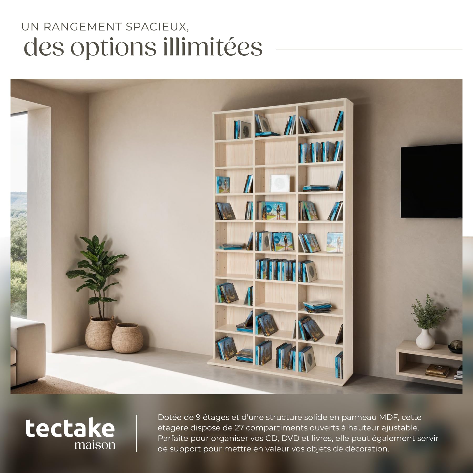 tectake® Étagère Bibliothèque Étagère Rangement CD/DVD pour 1080 CDs - 180x102x23,5 cm Meuble de Rangement Moderne pour Rangement Bureau, Salon, Chambre, Etagere Rangement Meubles de Salon