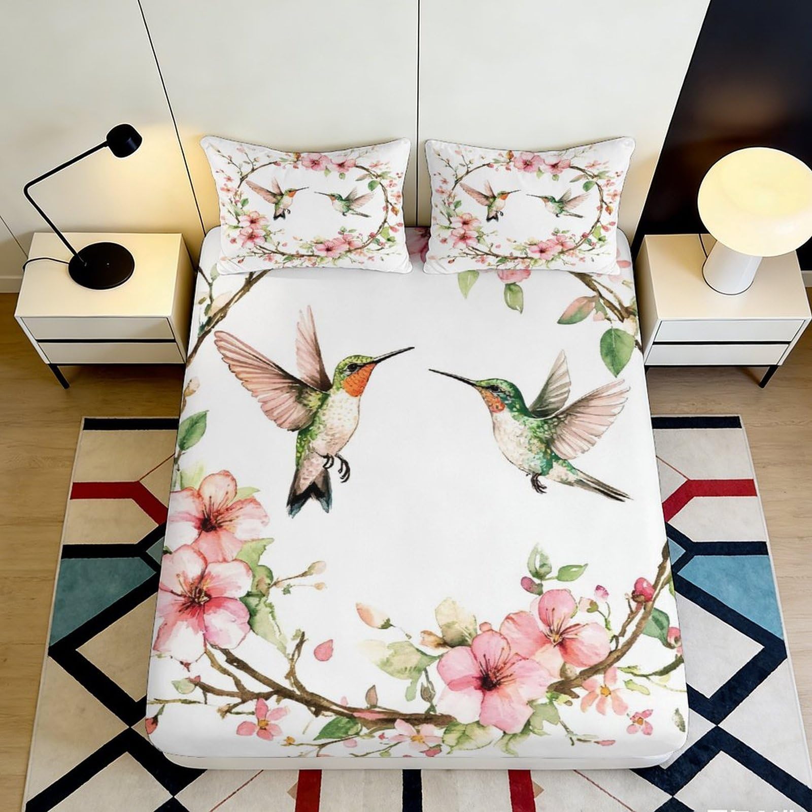 3D Printed Hummingbird Blossom Fitted Sheet Microfiber Soft Floral Bird Bed Sheet for Bedroom Guest Room Decor 90x200x25cm
