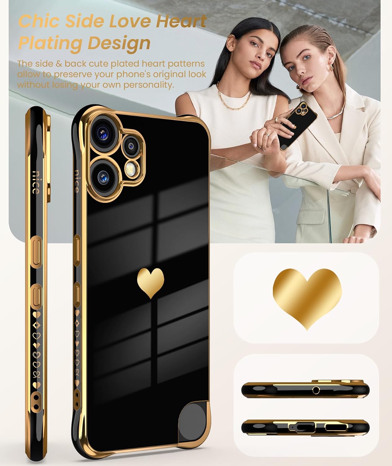 Dretal for Nothing CMF Phone 2 Pro Case with 2X Screen Protector, Girl Women Cute Girly Love-Heart Luxury Gold Soft Cover Camera Protection Bumper Silicone Shockproof Case for CMF Phone 2 Pro (Black) image 5