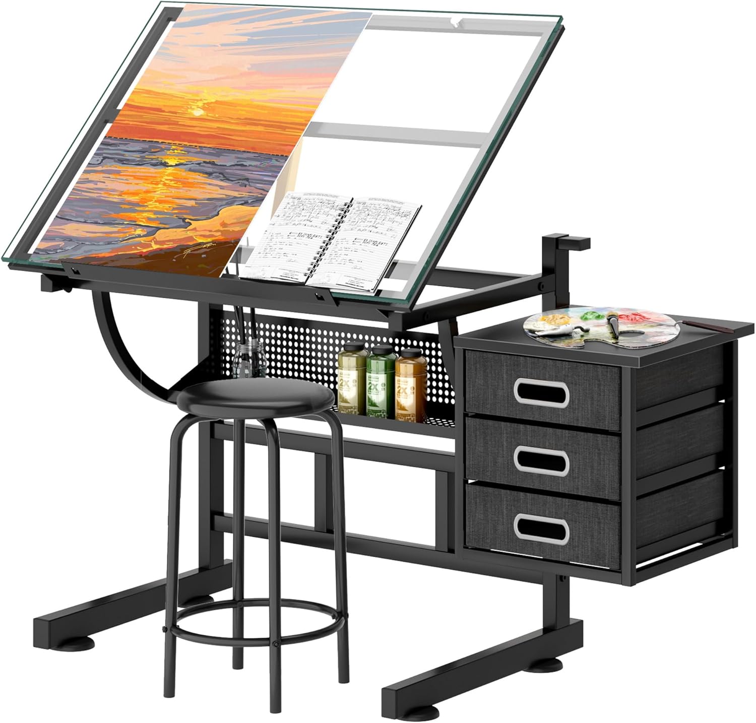 sogesfurniture Adjustable Glass Drafting Table Drawing Desk with Stool, Angle Adjustable Drawing Table Drawing Desk Tiltable Tabletop Craft Station with 3 Storage Drawers BHCA-CZKLD-029WT