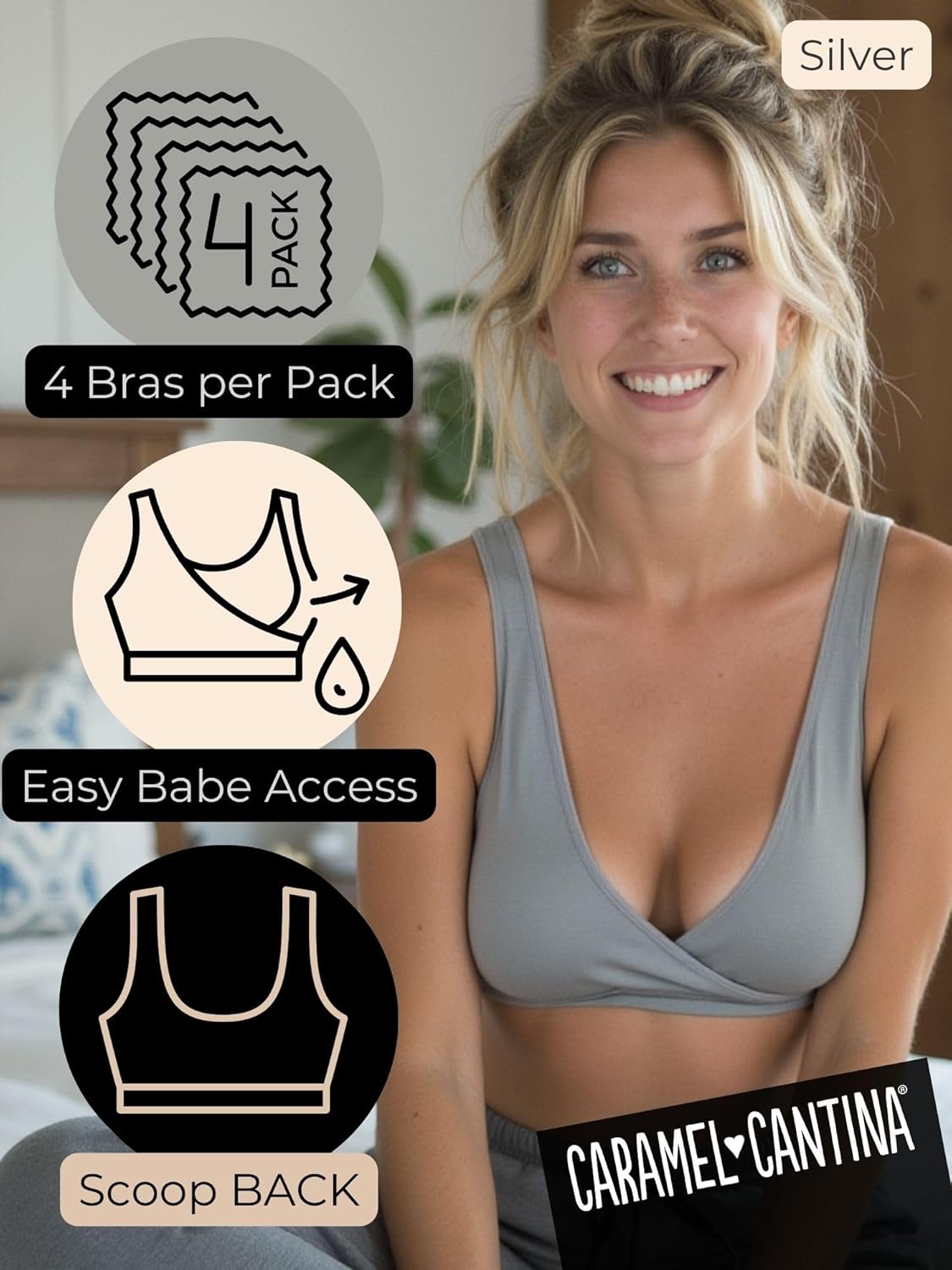 Caramel Cantina 4 Pack Nursing Maternity Women’s Sleep Comfort Bralette Bra - Image 2