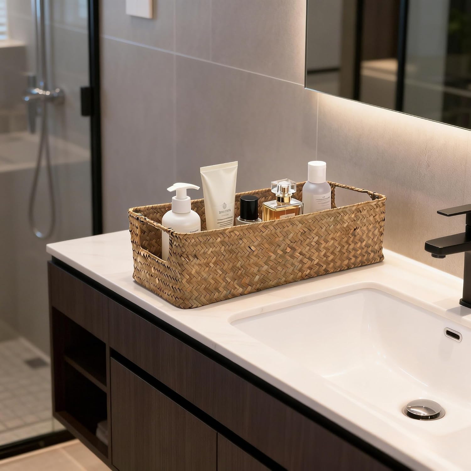 Seagrass Toilet Paper Basket for Back of Toilet Tank Top, Wicker Bathroom Storage Basket for Organizing and Decor, Natural