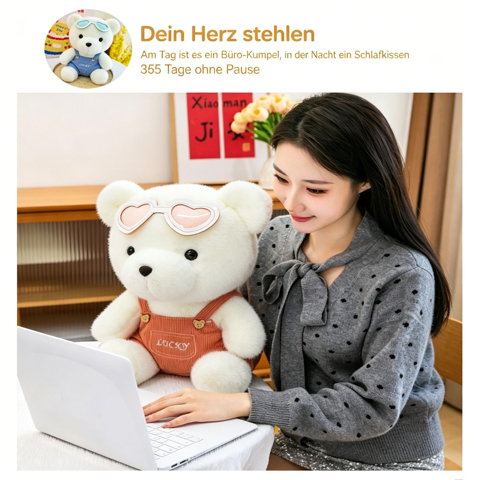 Kuscheltier Teddybär, Teddybär Plüschtier mit Tragegurt und herzförmiger Brille, Plüsch Bären Spielzeug Stofftierpuppe, Glück Teddybären Stofftier, Geschenke für Geburtstag Valentinstag (50cm,Rosa)
