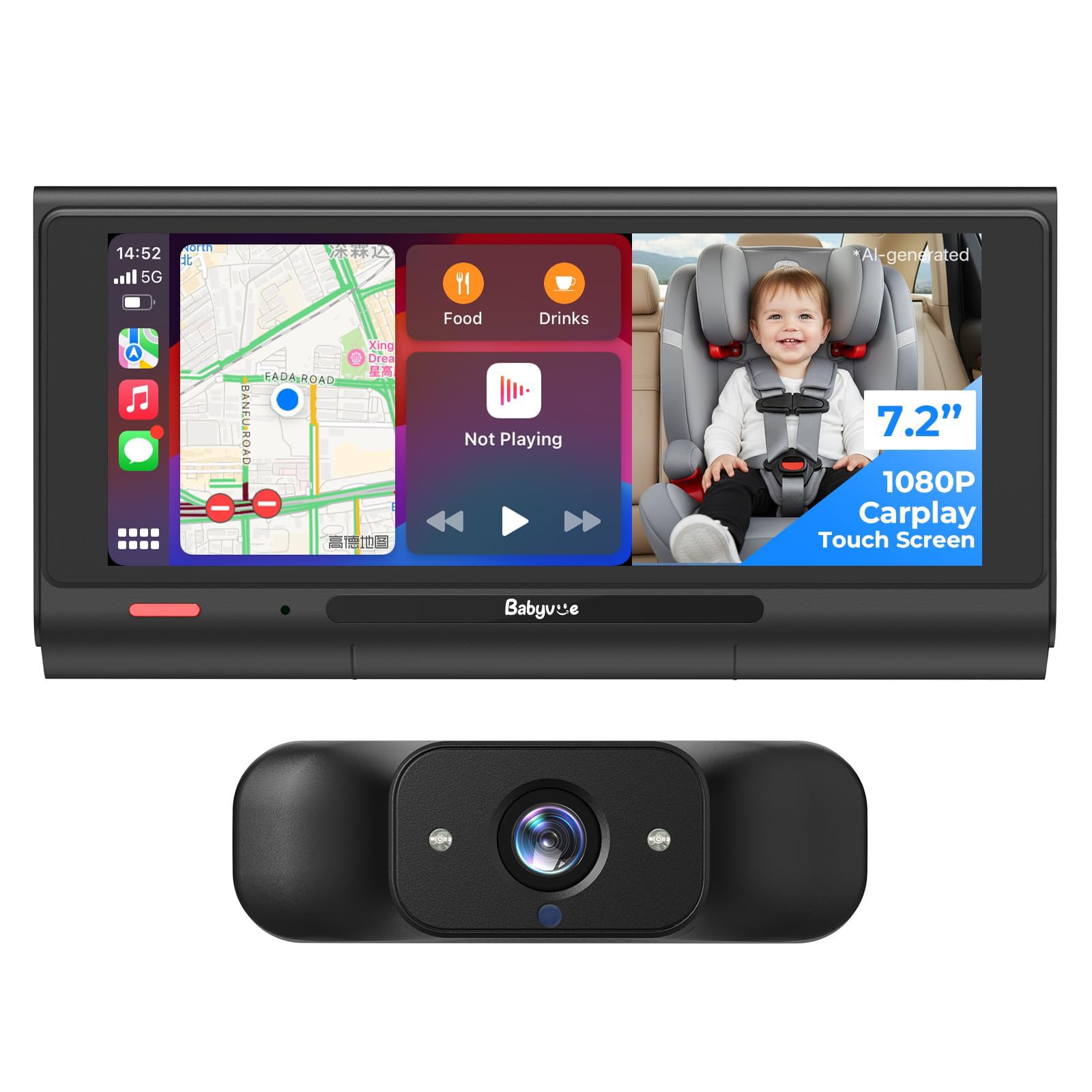 Babyvue BV7 Kamera samochodowa dla dzieci, 18,2 cm, z dzielonym wyświetlaczem Carplay i nagrywaniem w nocy, IR 1080p, składany uchwyt, tryb uśpienia, łatwy montaż i