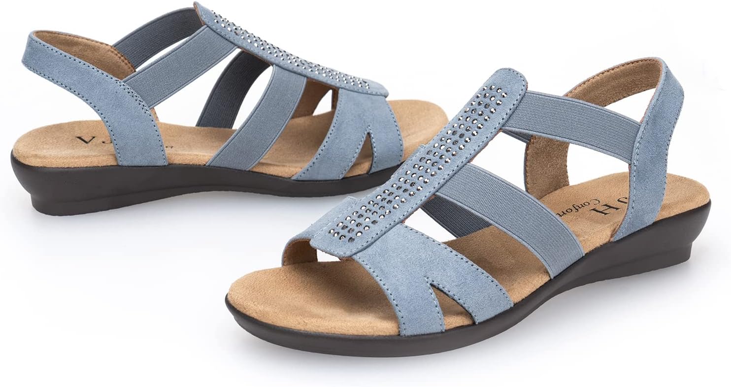 VJH confort Women's Comfort Flat Sandals Summer,with Rhinestone Open Toe Elastic Slip On Slingback Casual Walking Low Heele Sandals - Image 6