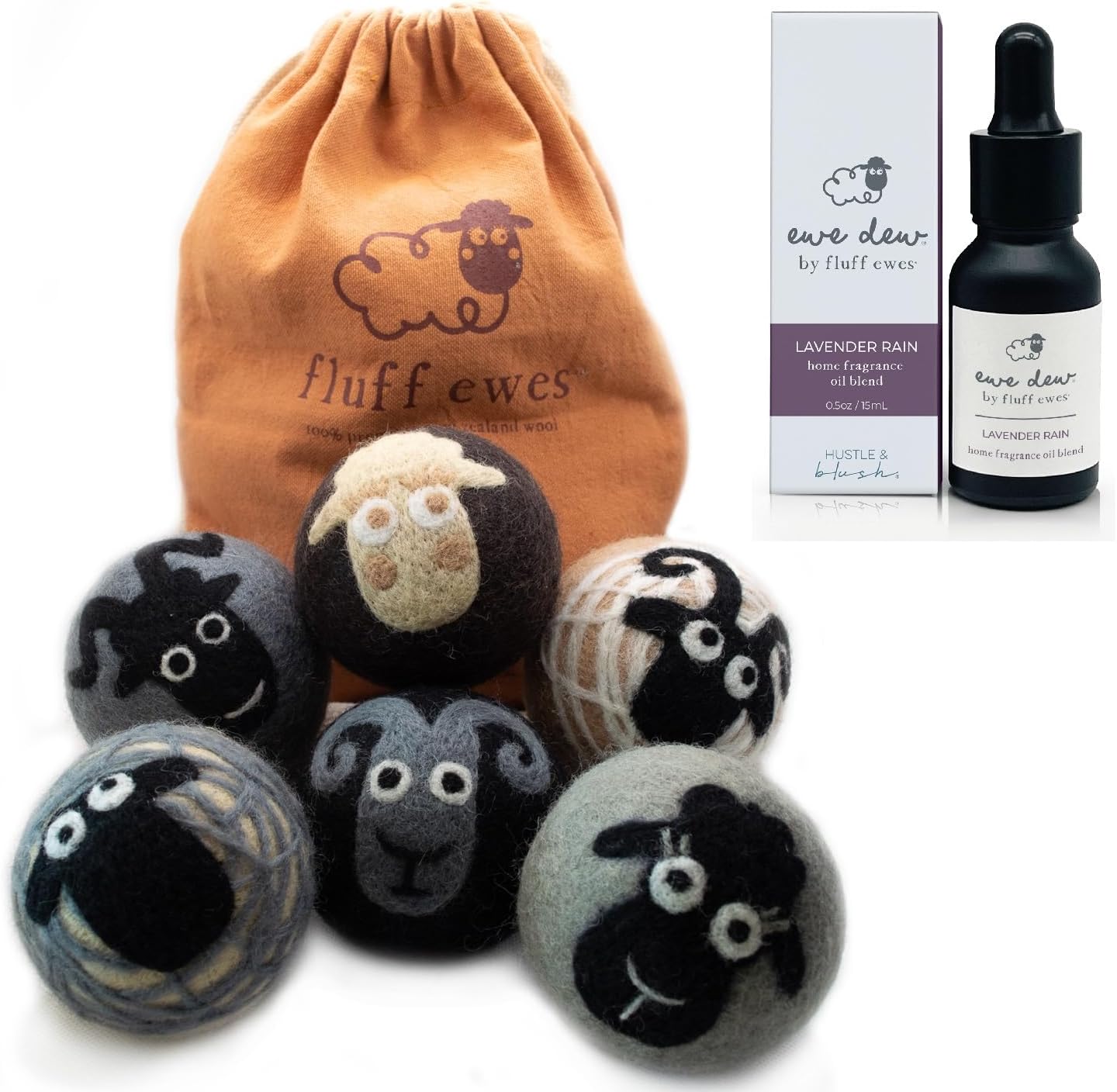 Fluff Ewes Premium Handmade New Zealand Reusable Wool Dryer Balls for Laundry + Ewe Dew Home Fragrance Aromatherapy Dryer Ball Essential Oil Blend, 2 Pack, Classic + Lavender 0.5oz