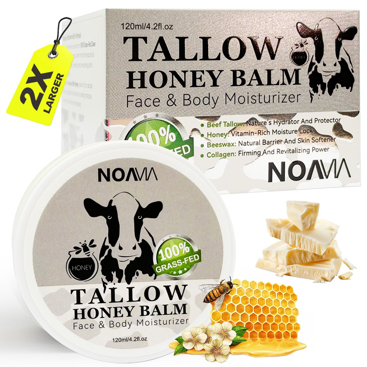 Beef Tallow and Honey Balm, Beef Tallow Moisturizer for Skin, Tallow Face Cream Moisturizes Face and Body,Grass Fed Tallow Honey Balm Soothes and Calms Sensitive Skin, 4.23oz