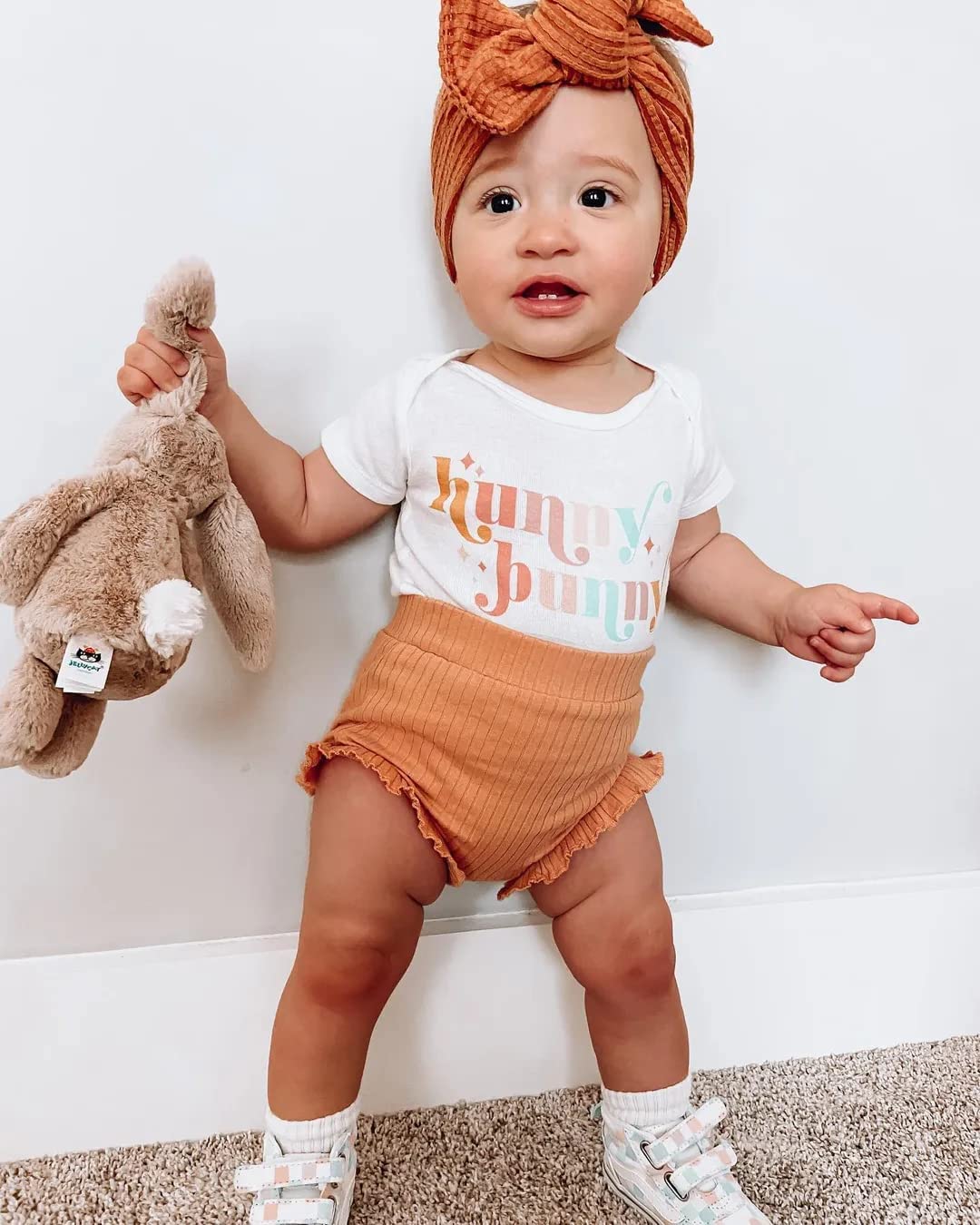 Fernvia Infant Baby Girls Easter Outfits Short Sleeve Rabbit Print Romper Elastic Waist Shorts with Hairband 3Pcs Clothes Set (A Orange White, 0-3 Months)