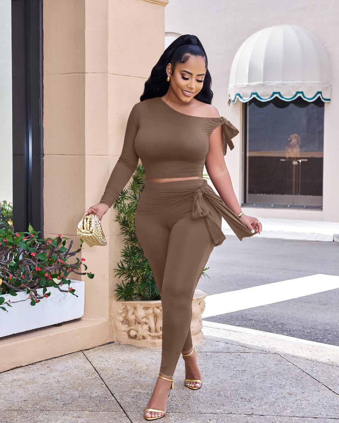 Vssjavun Women 2 Piece Outfits Sexy One Off Shoulder Long Sleeve Tops Skinny Long Pants Sets - Image 3