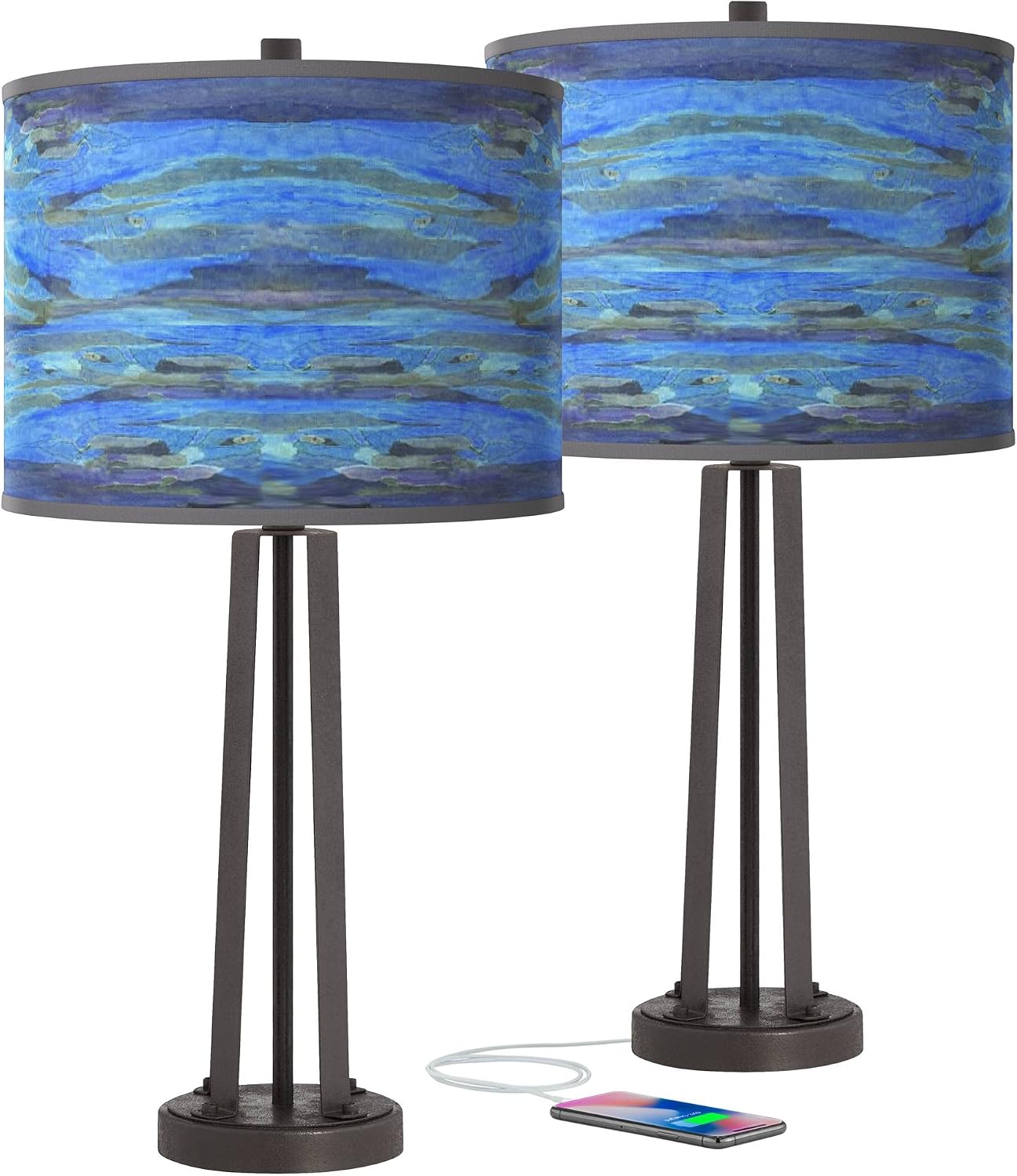 Giclee Glow Oceanside Susan Dark Bronze USB Table Lamps Set of 2 with Print Shade