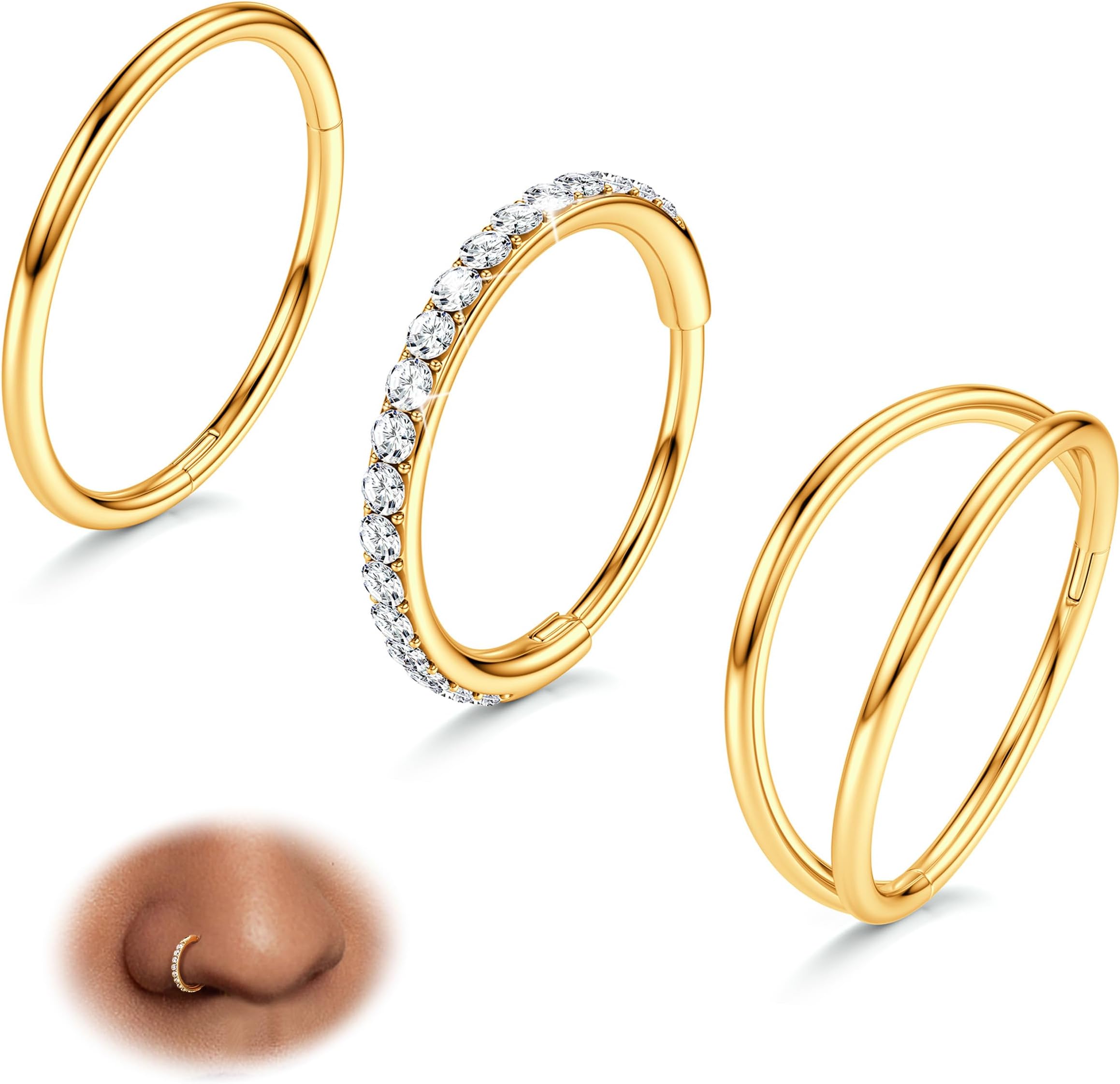 3pcs Nose Rings Hoops - Double Hoop Nose Ring 14/16/18/20G Hinged CZ Piercing Jewelry Septum Clicker Rings Cartilage Earring Helix Rook Tragus Daith 7mm/8mm/9mm/10mm
