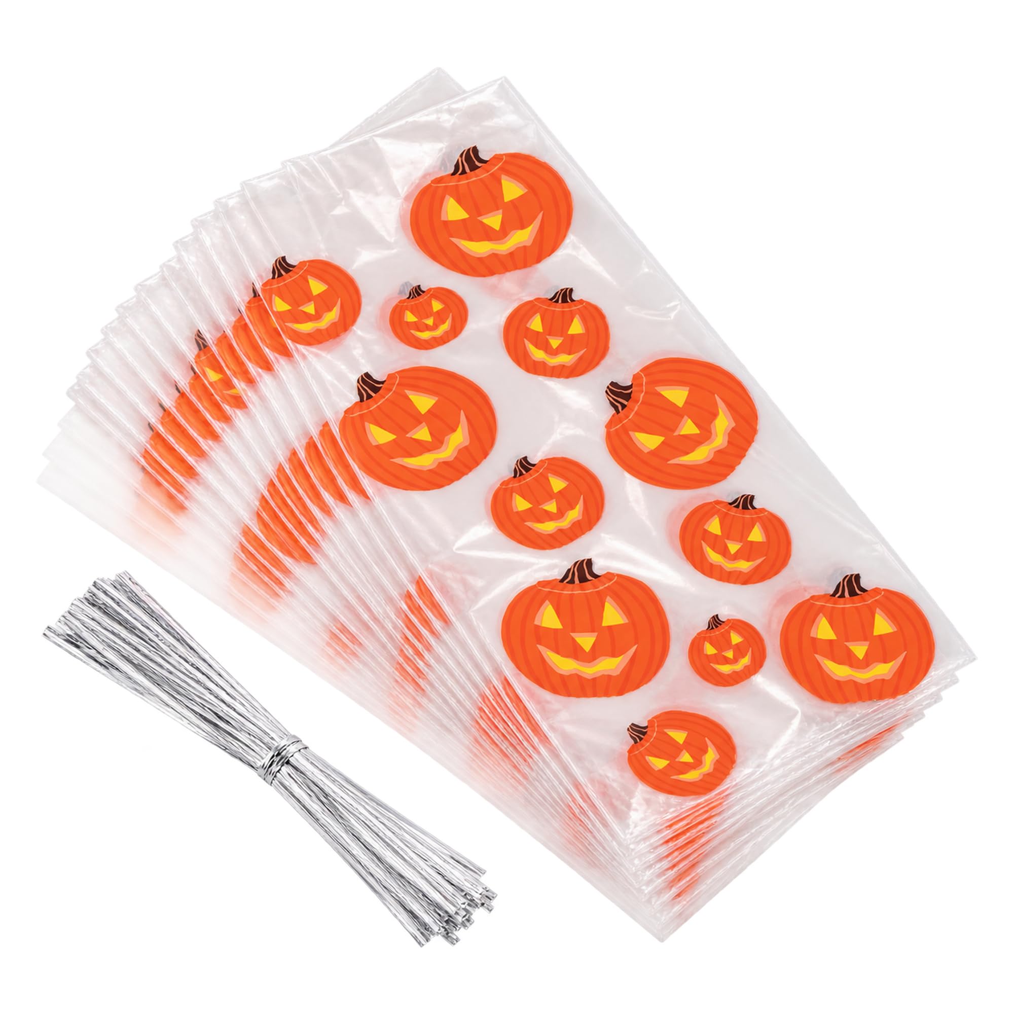 20Pcs Pumpkin Cellophane Halloween Treat Bags, 13x30cm Gift Bags with Ties | Clear Pumpkin Printed Gift Bags, Twist Ties, for Halloween Wrapped Sweets, Small Gifts, Party Favours & Trick or Treat Events