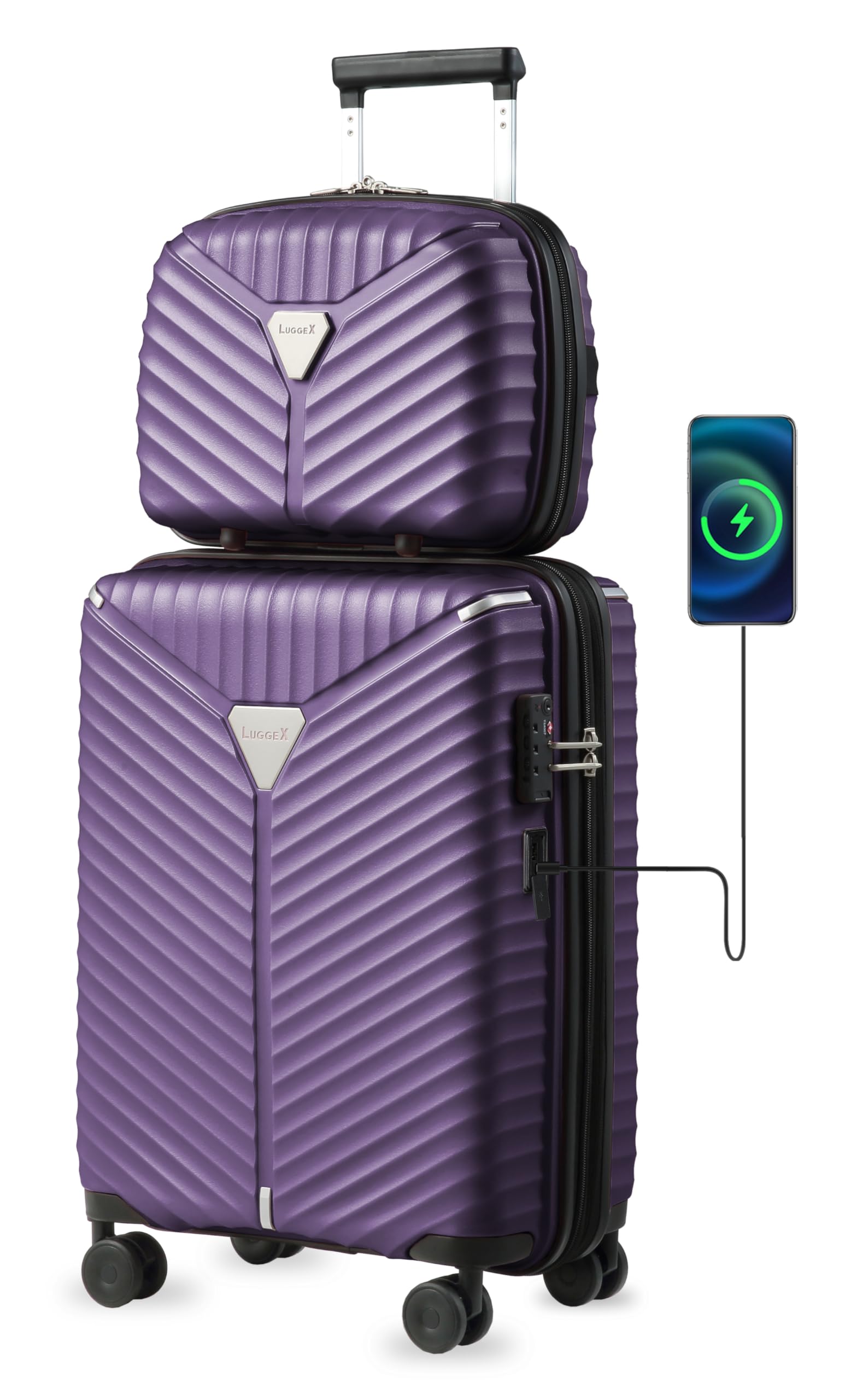 LUGGEX Purple Carry On Luggage with USB Port, PP Lightweight Suitcase with 14 Inch Case, Expandable Luggage 2 Piece