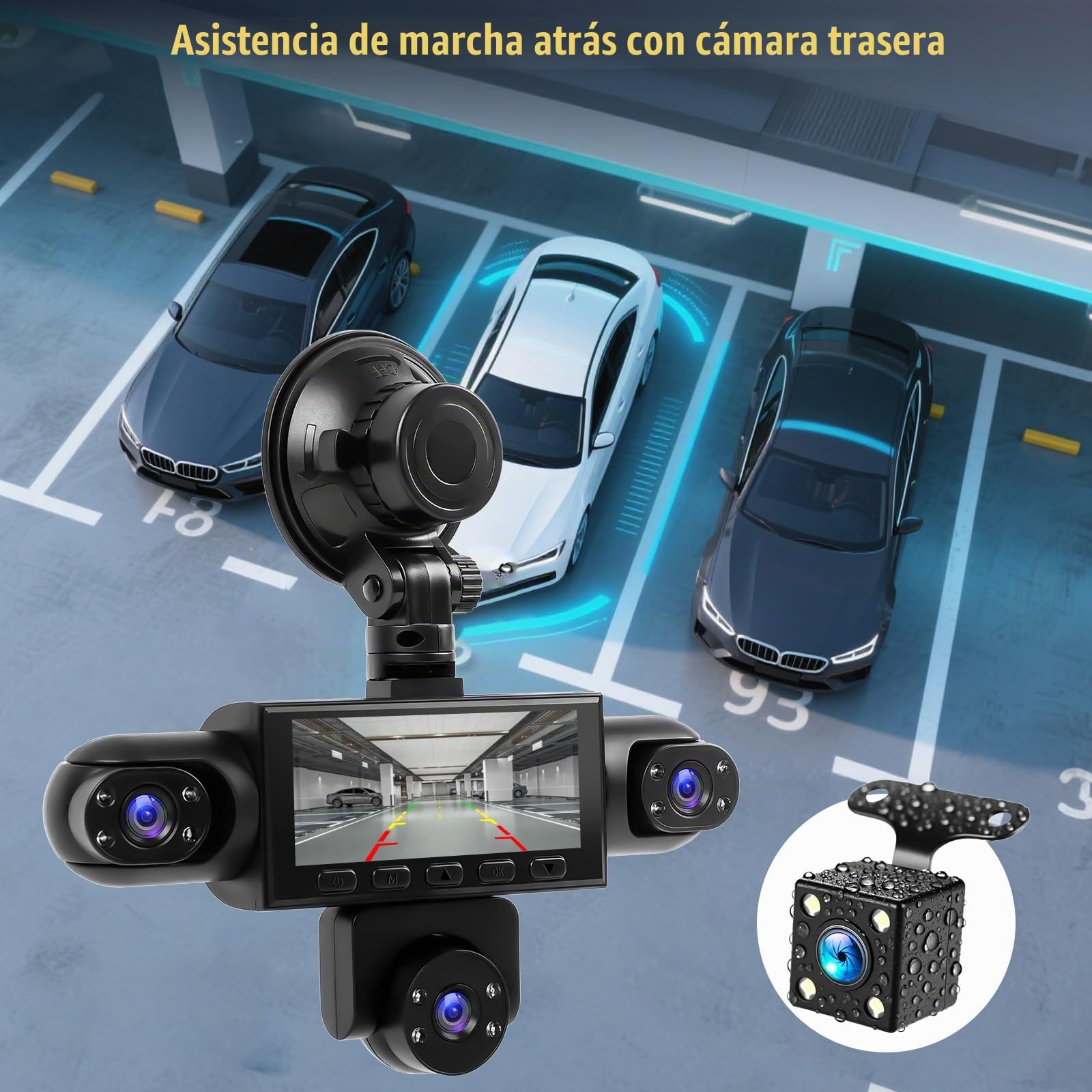 Cámara para Salpicadero de 5 Canales y 1080p con Visión de 360°, (Delantera, Trasera, Izquierda, Derecha e Interior), con Visión Nocturna, Compensación de Exposición y Asistente de Aparcamiento