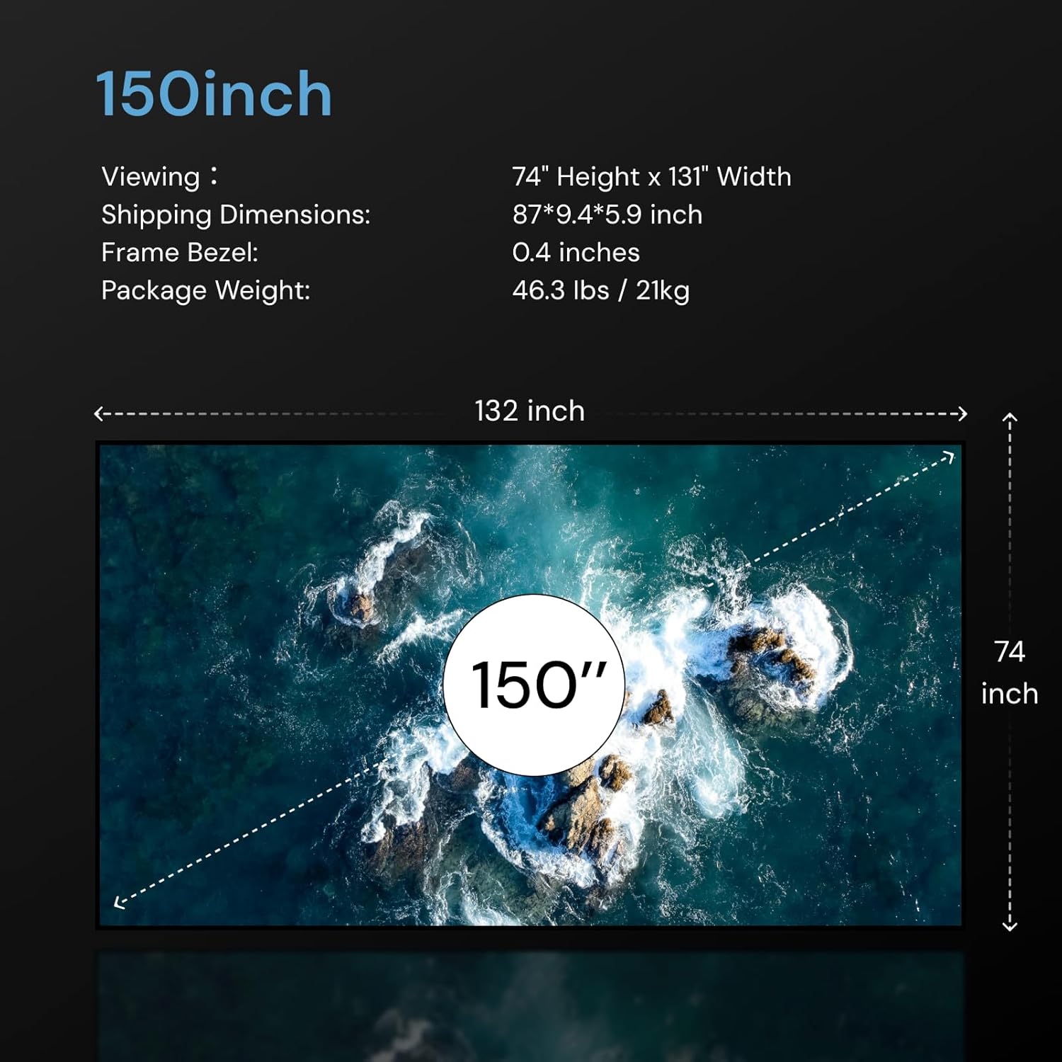 Valerion 150-inch Fixed Frame Projector Screen, 1.3 dB Gain, 80% PQE, 4K/8K Ultra HD, 3D Wall Mount Projector Screen, Works with Long Throw, Short Throw & Ultra Short Throw Projectors