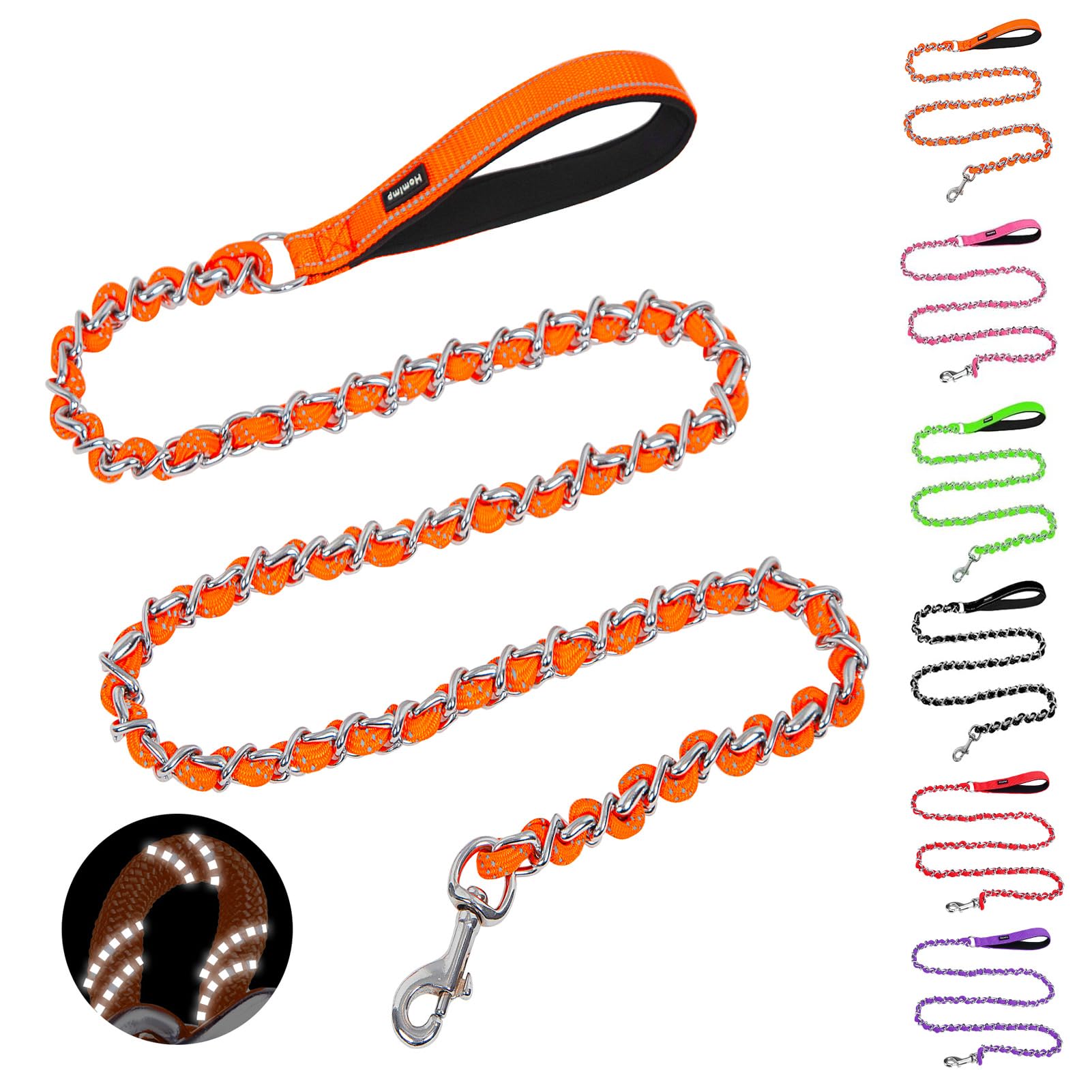 Homimp Chain Dog Leash for Medium Large Dogs Reflective 6 FT Chew Proof Heavy Duty Metal Leashes with Soft Padded Handle