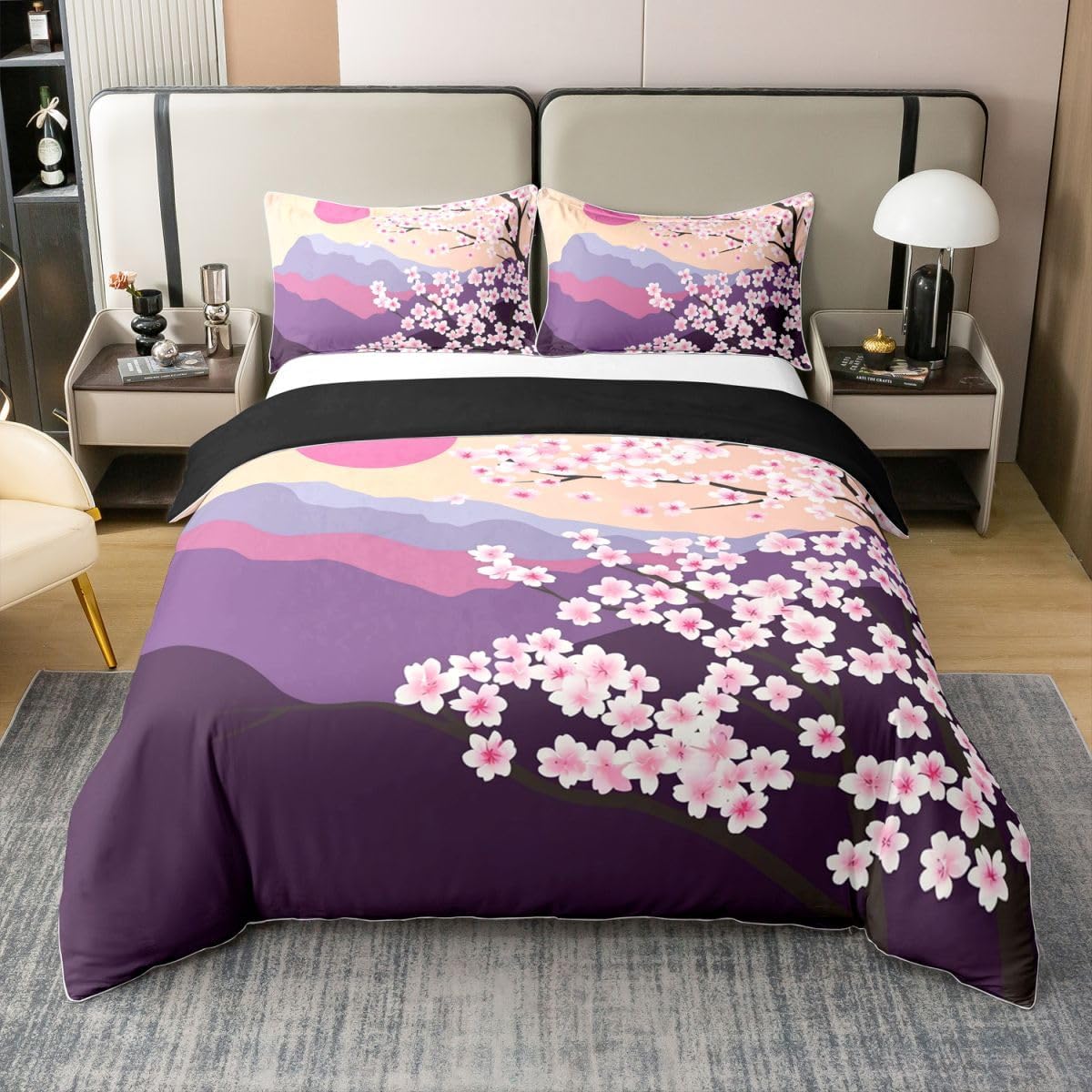 100% Cotton Women Japanese Cherry Blossom Bedding Set Sunset Duvet Cover Mountain Plant Branches Ukiyo-E Painting Pink Blossom Comforter Cover，Soft Breathable Quilt Cover with 2 Pillow Shams, Queen